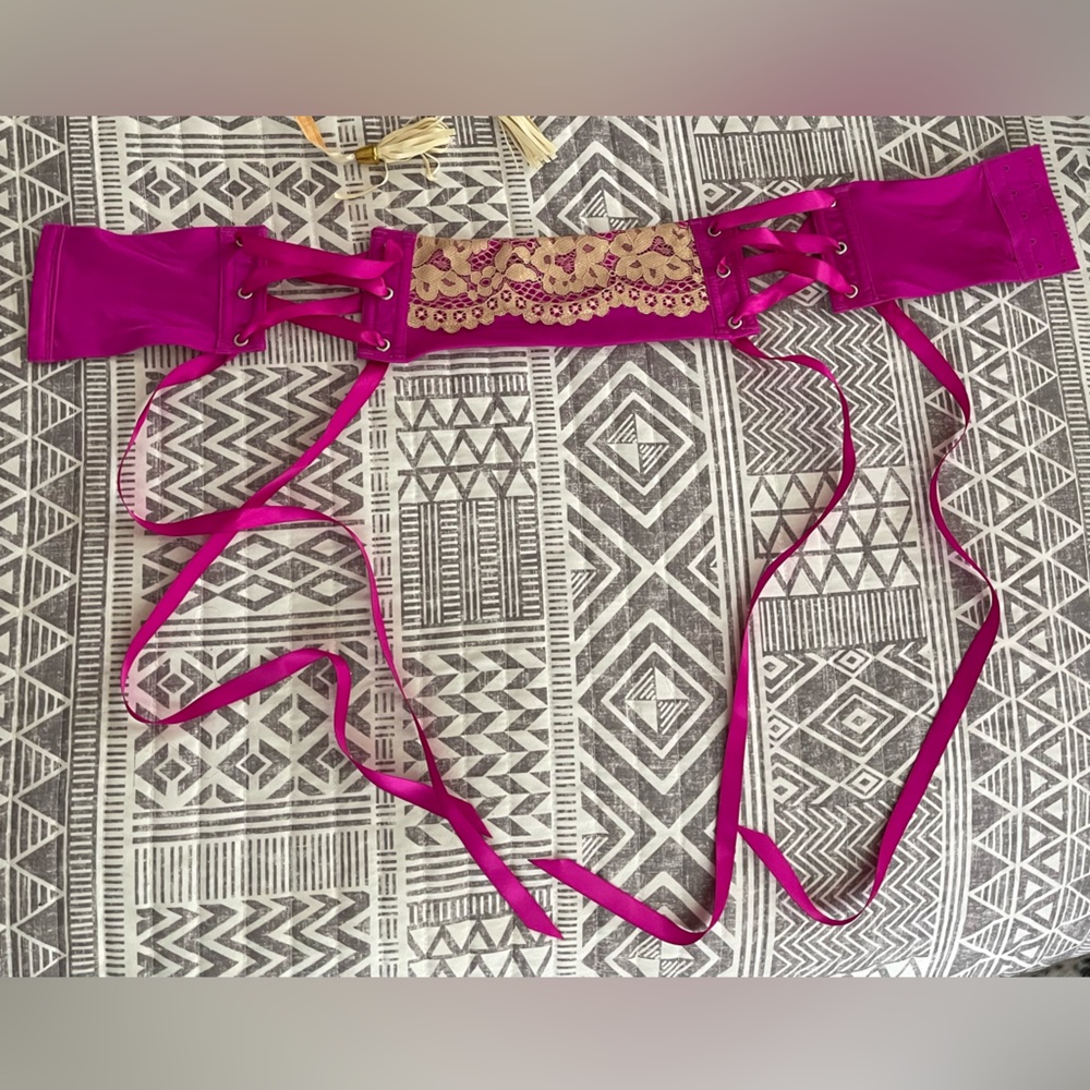 Victoria Secret magenta garter belt with gold lace